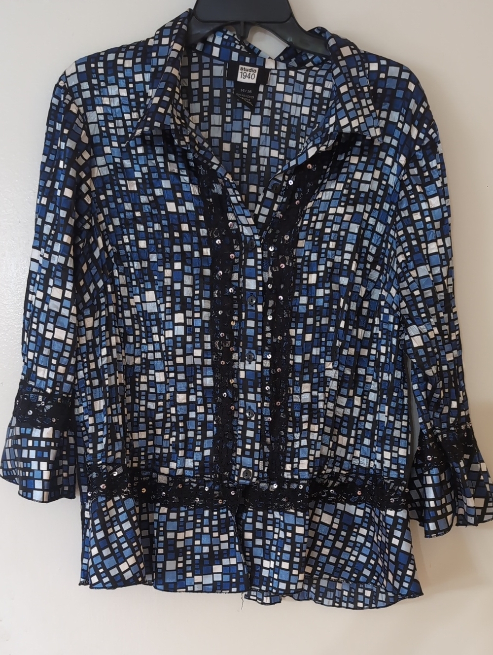 Studio 1940 Blue and Black Mosaic Patterned Pleated Blouse Sequins & Lace 14 16